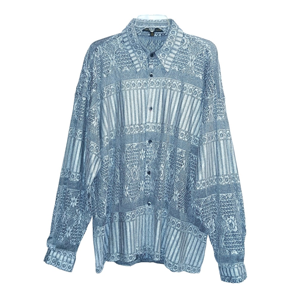 Creme De Silk Men Lace Button Up Shirt 2X Gray Silver Geometric Artsy Club Event